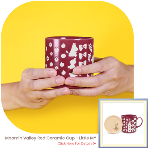 image of "both hands" and demonstration by Moomin Valley Red Ceramic Cup - Little MY - click here for details